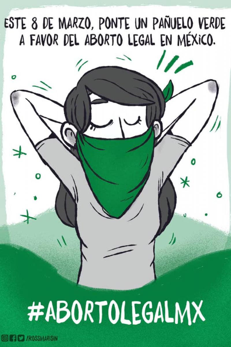 Esto es una ilustración. En la ilustración se ve una chica poniéndose un paliacate verde. 