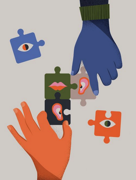 En la imagen se pueden ver ilustradas dos manos, que unen las piezas de un rompecabezas. Las piezas del rompecabezas tienen dibujadas orejas, ojos boca, como ilustrando una conversación que se construye.