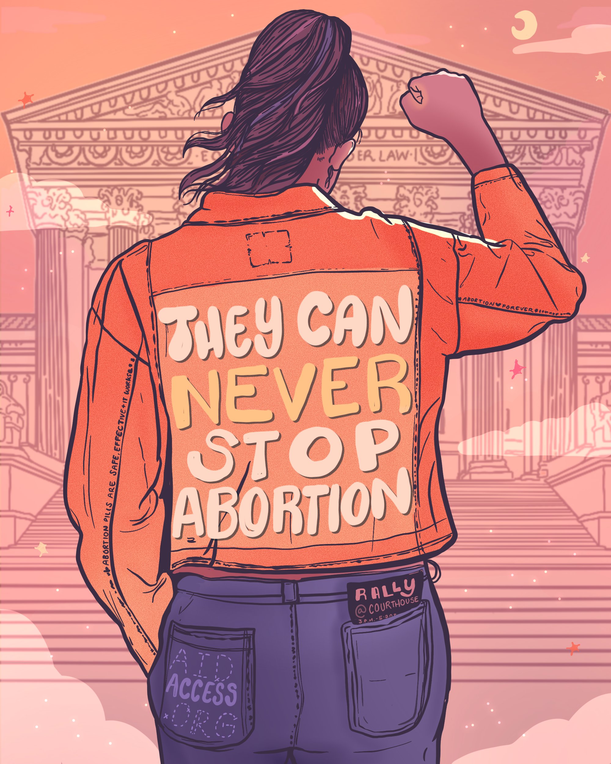 Aborto y Roe v wade: en la imagen se puede ver una mujer de espaldas. En su chamarra un texto dice "nunca pueden detener el aborto"